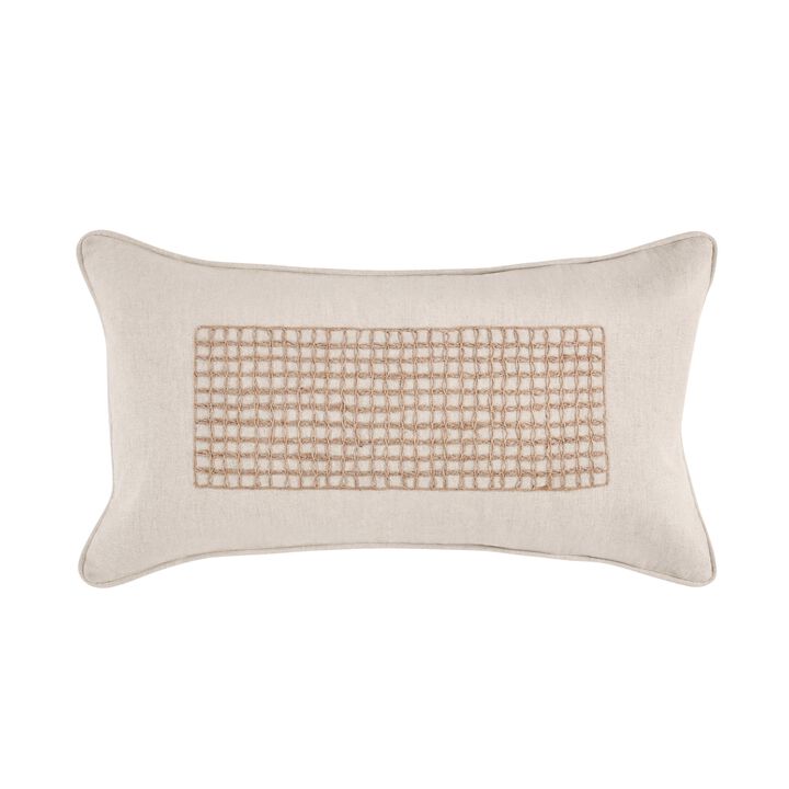 Lumbar Accent Throw Pillow, 14x26 Beige Cotton, Handwoven Brown Jute - Benzara