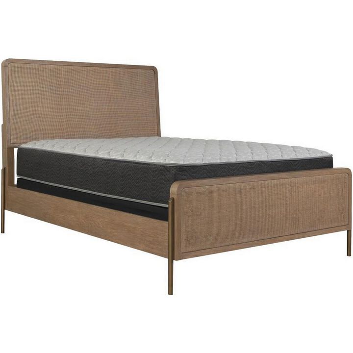 Sea Wood Queen Size Bed with Woven Cane Design, Open Panel, 4 Slats, Brown - Benzara