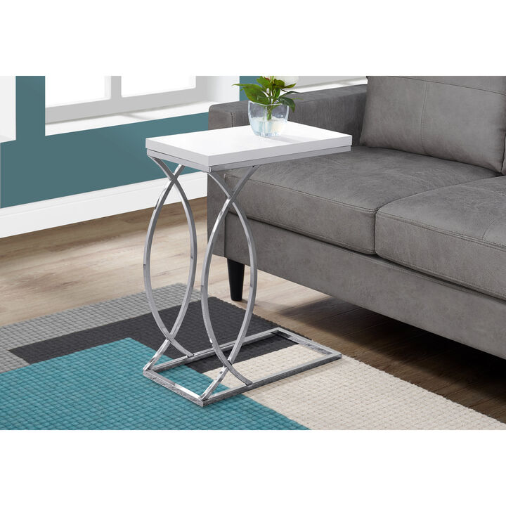 Monarch Specialties I 3184 Accent Table, C-shaped, End, Side, Snack, Living Room, Bedroom, Metal, Laminate, Glossy White, Chrome, Contemporary, Modern