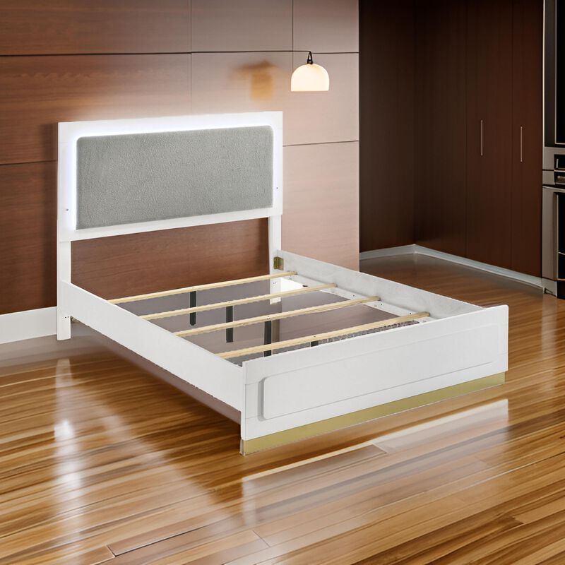 Caer Queen Size Bed, LED Panel Tall Headboard, Gray Upholstery, White Okume -