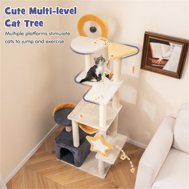 Multi-Stage Cat Tower with Scratch board and Toys for Indoor Cats