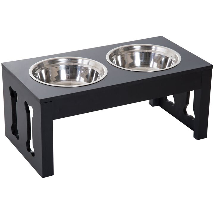Black Modern Pet Diner: 23" Bone-Shaped Wooden Elevated Dog Bowl Stand