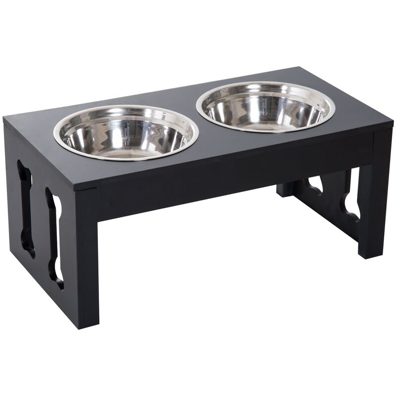 Black Modern Pet Diner: 23" Bone-Shaped Wooden Elevated Dog Bowl Stand