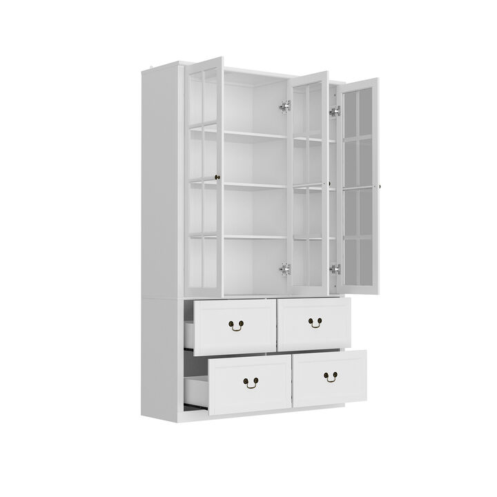 47.2 in. W x 78.7 in. H 8-Shelf Wood Standard Bookcase Bookshelf With Glass Doors, Adjustable Shelves, Drawers