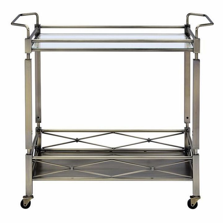 Two Tiered Metal Serving Cart with Glass Shelves and Side Rails, Antique Gold-Benzara