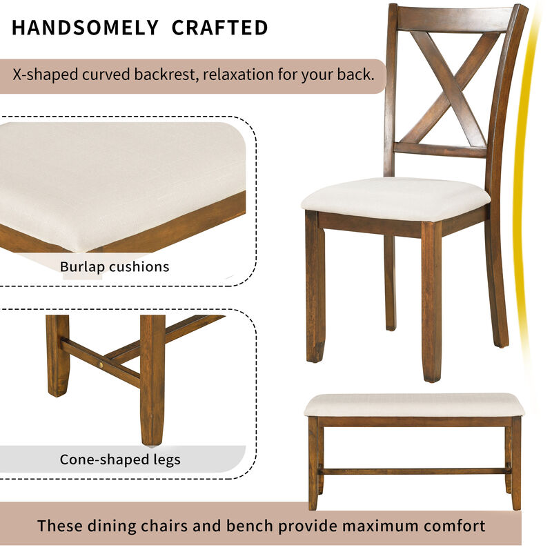 Merax 6-Piece Kitchen Dining Table Set Wooden Rectangular Dining Table, 4 Fabric Chairs and Bench Family Furniture