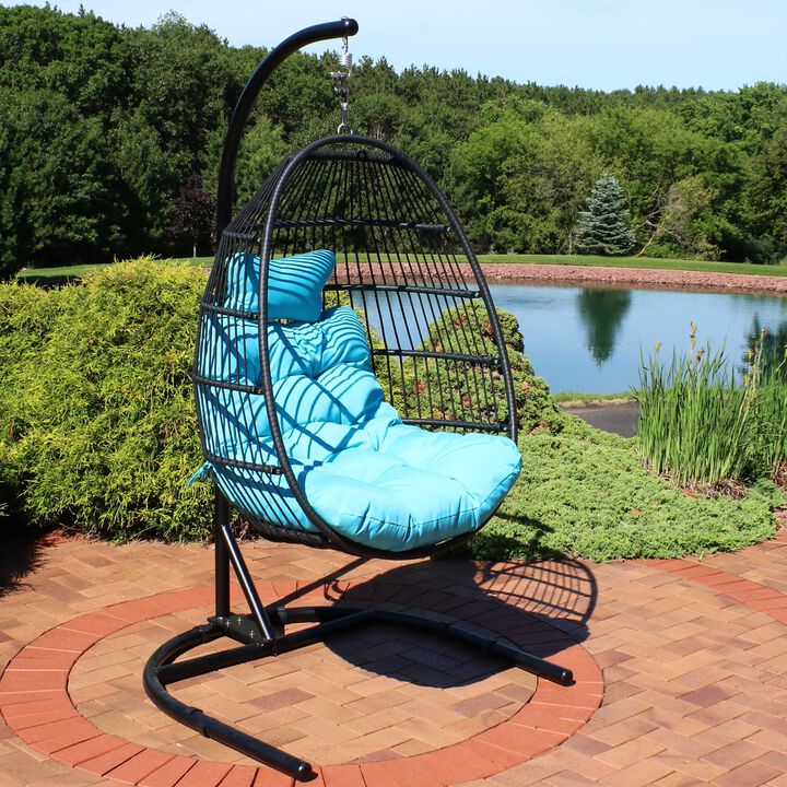 Sunnydaze Resin Wicker Hanging Egg Chair with Steel Stand/Cushions