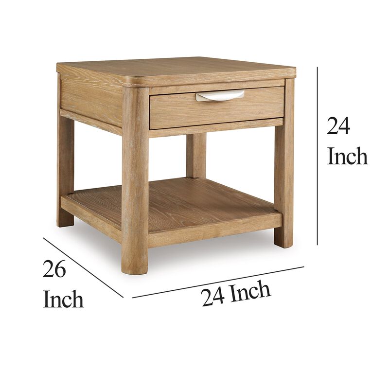 Renie Side End Table, 1 Drawer, Open Shelf, 26 Inch Light Brown Wood - Benzara
