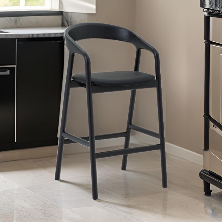 Agas Counter Stool Chair, Curved Faux Leather Upholstery, Black Oak Wood - Benzara