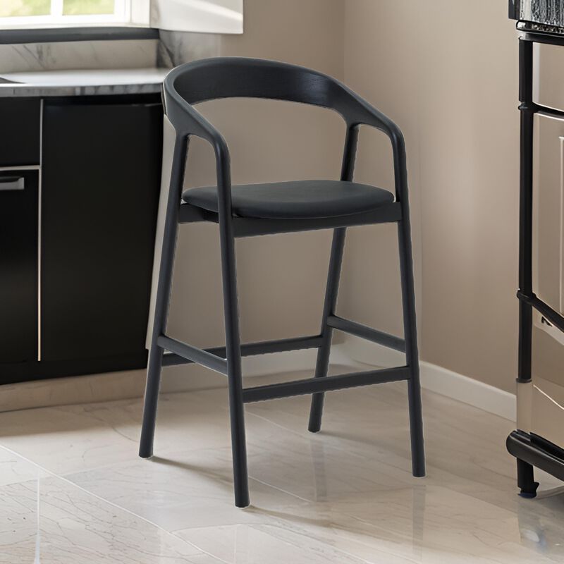 Agas Counter Stool Chair, Curved Faux Leather Upholstery, Black Oak Wood - Benzara