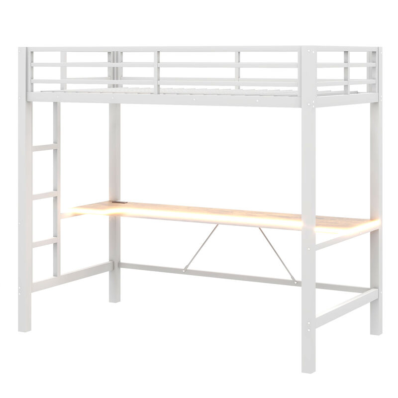 Merax Gaming Metal Loft Bed Frame with LED Light and Desk