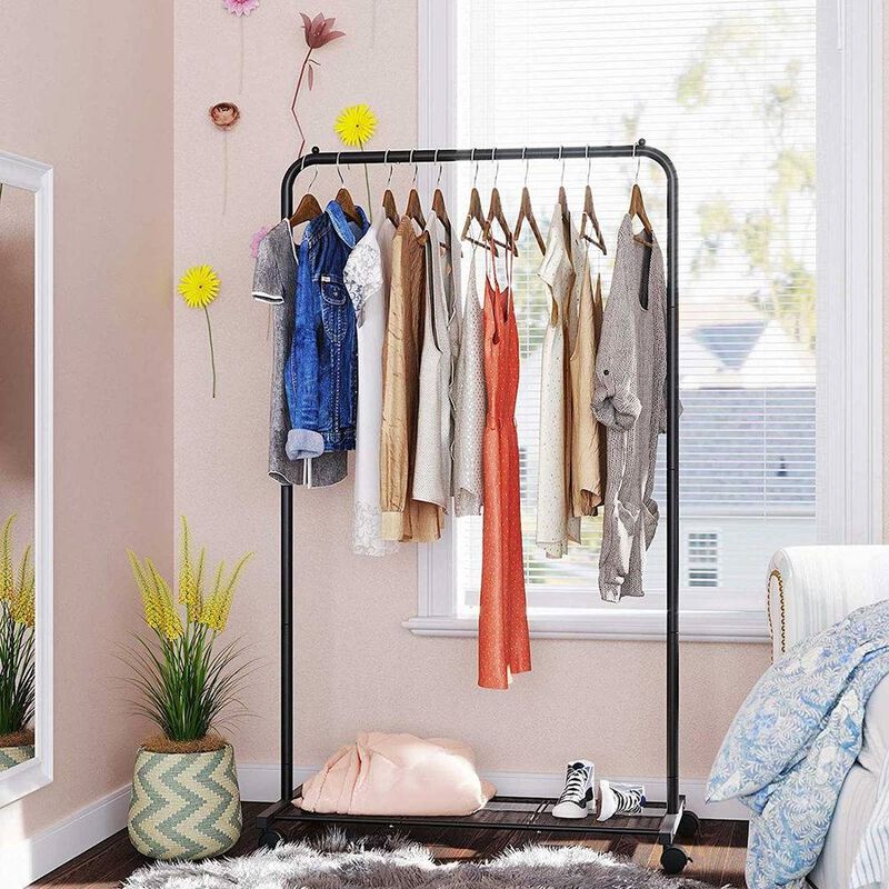 Hivvago Simple Black Steel Tube Rolling Garment Clothes Rack with Bottom Mesh Shelf