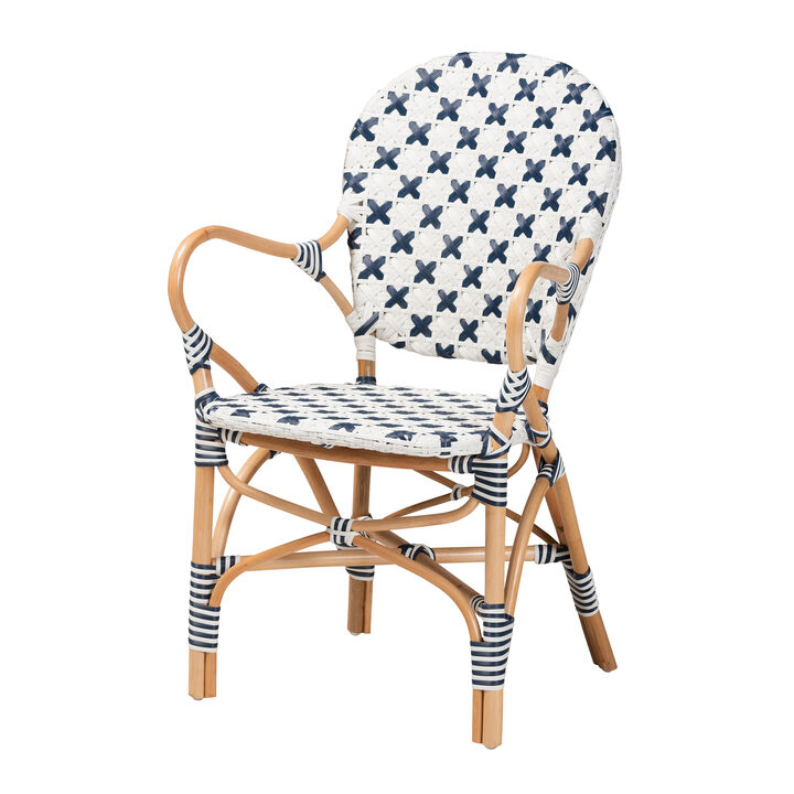 Bali & Pari Bryson Modern French Blue and White Weaving and Natural Rattan Bistro Chair