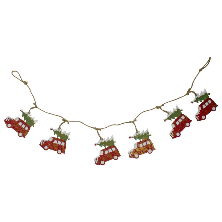 55" Red Vintage Truck with Tree Christmas Garland on Jute Rope