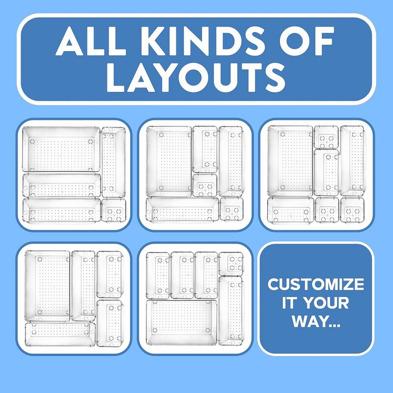 Drawer Organizer Set - Includes 12-piece 9x6 bins, 20-piece 9x3 bins, 18-piece 6x3 Bins, 22-piece 3x3 Bins, Stackable Storage Trays for Makeup, Kitchen, and Office, 72 Pack