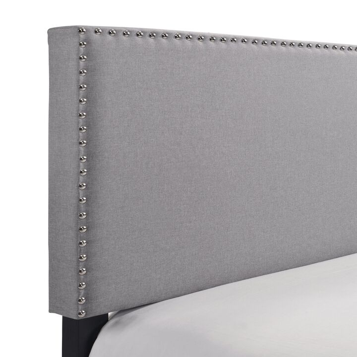Shirin Queen Size Bed, Wood, Nailhead Trim, Upholstered Headboard, Gray - Benzara