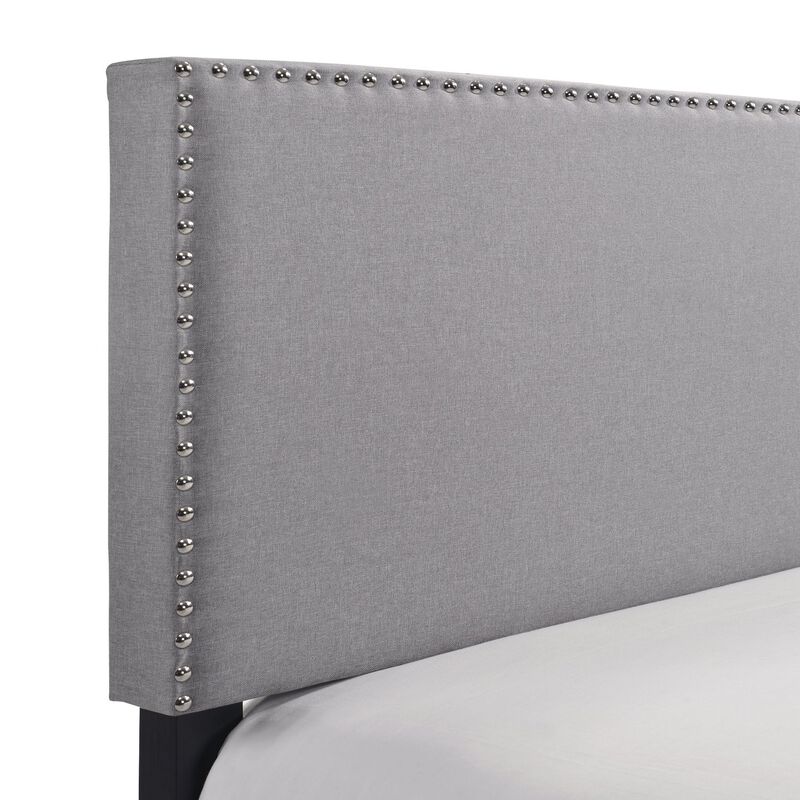 Shirin Queen Size Bed, Wood, Nailhead Trim, Upholstered Headboard, Gray - Benzara