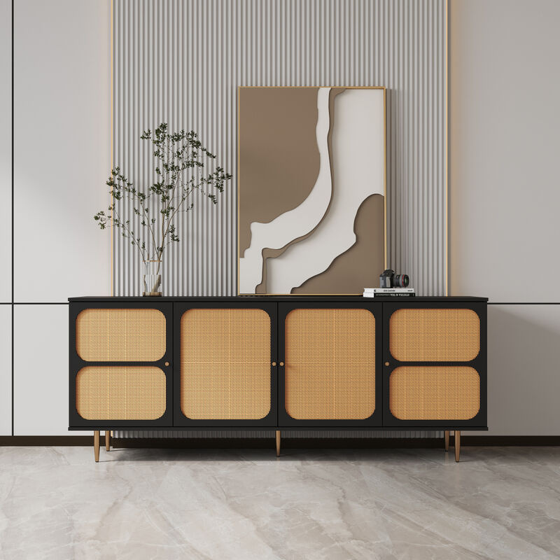 Rattan Sideboard Buffet Cabinet, Kitchen Storage Cabinet Console Table With Adjustable Shelves