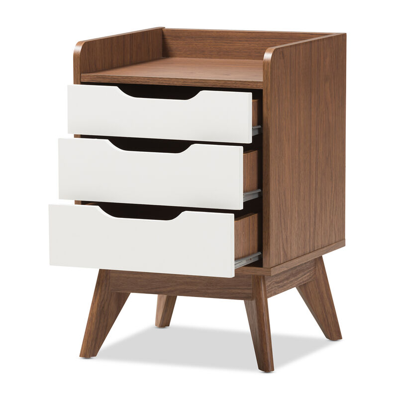 Baxton Studio Brighton Mid Century Modern White And Walnut Wood 3 Drawer Storage Nightstand
