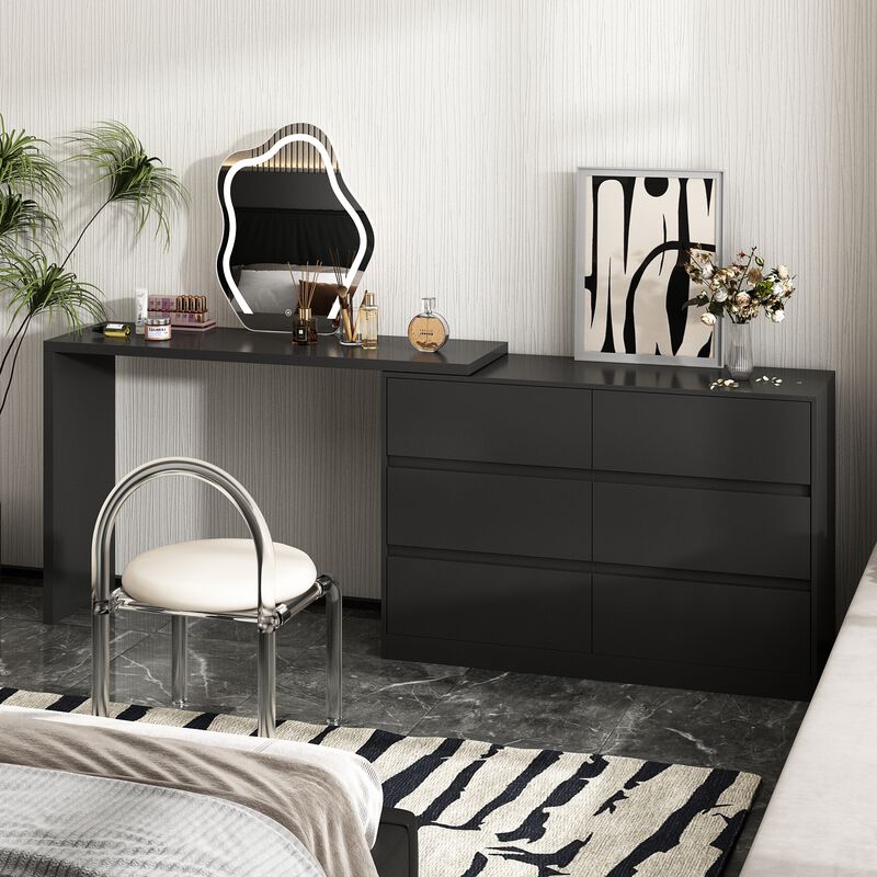 6-Drawer L-Shaped Dresser in Black with Rotatable Desk 47.2 in. W x 51.2 in. D x 32.7 in. H