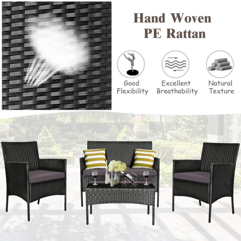 Hivvago 4 Pieces Patio Rattan Cushioned Sofa Set with Tempered Glass Coffee Table
