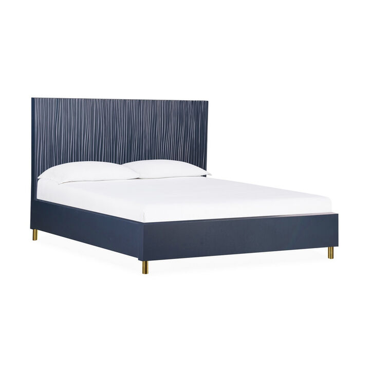 Herst Modern California King Bed, Brass Metal Legs, Wavy Texture Navy Blue - Benzara