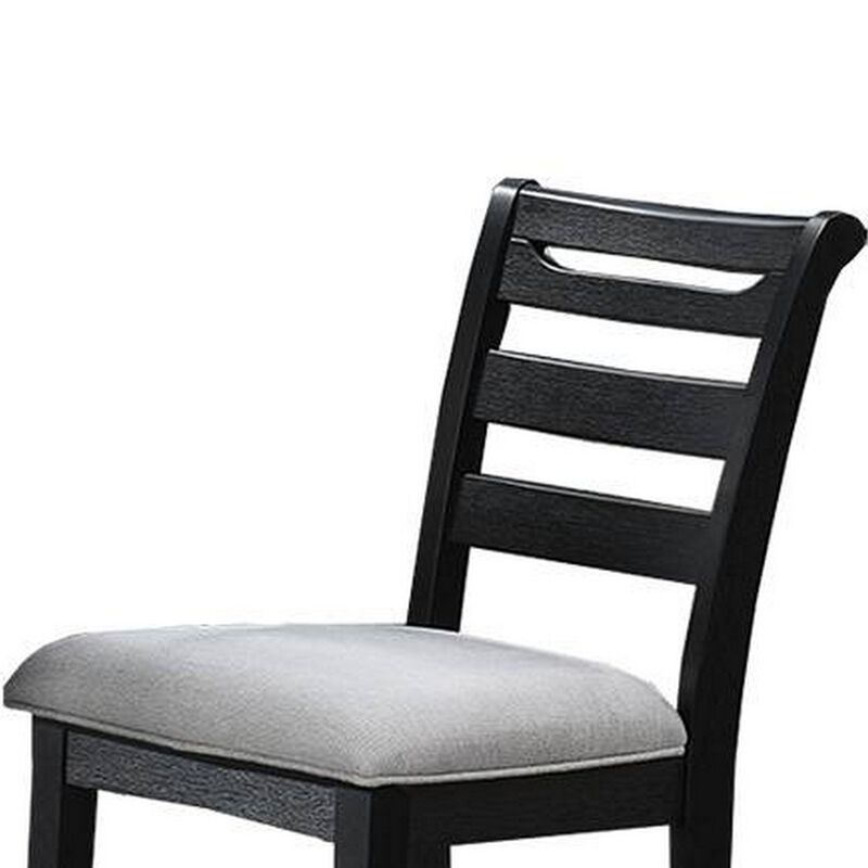 Remus Bar Height Chair, Ladder Back, Black Embossed Wood, Gray Fabric - Benzara