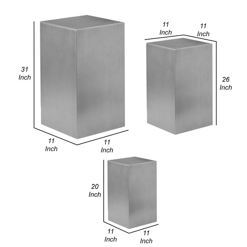 Meta Set of 3 Pedestal Display Stand, Square Pillars Brushed Silver Steel - Benzara