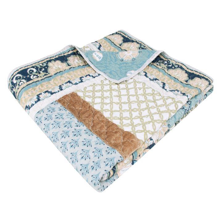 Ello 50 x 60 Inch Quilted Throw Blanket, Bohemian Print, Multicolor Blue
