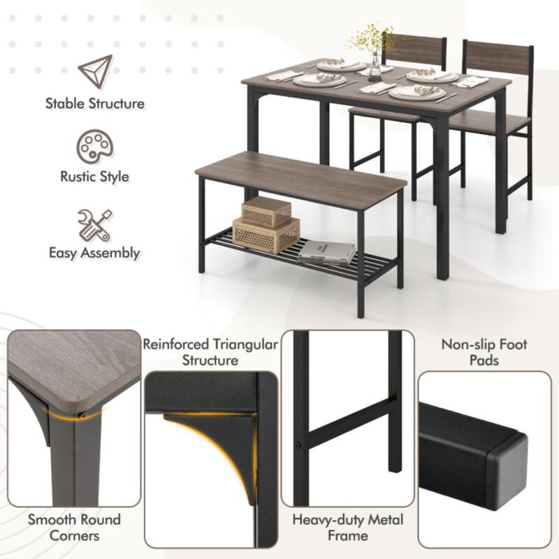 Hivvago 4 Pieces Rustic Dining Table Set with 2 Chairs and Bench