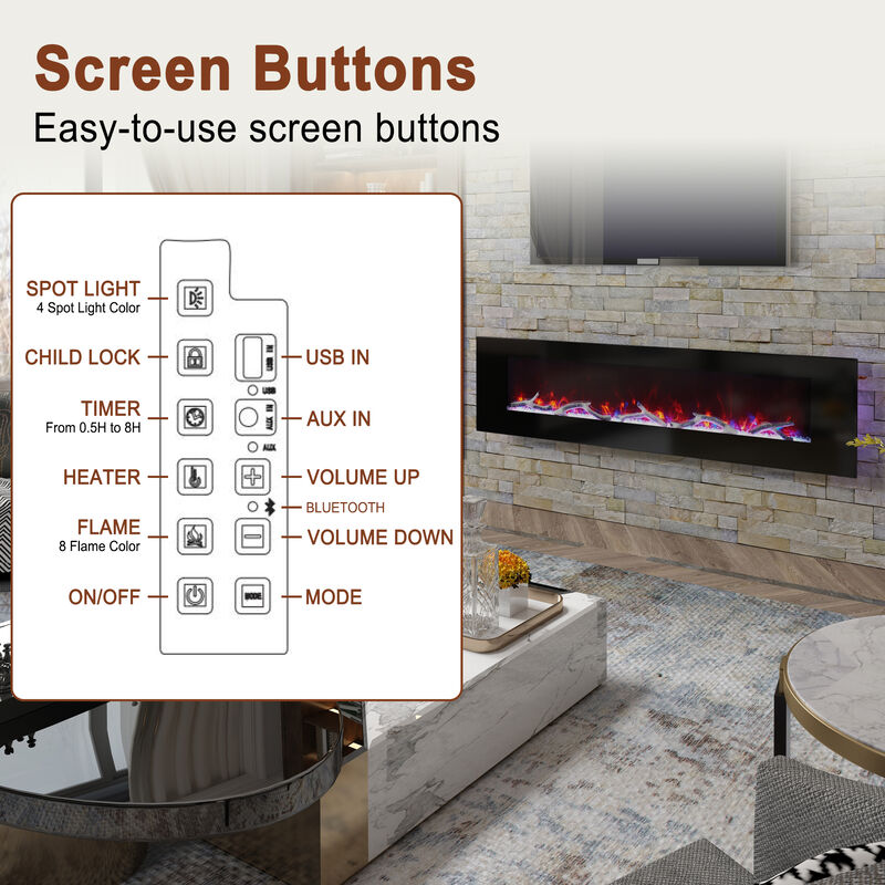 MONDAWE 72" Wall-Mounted Electric Fireplace 5120 BTU Heater with Bluetooth Speaker & Remote Control Adjustable Flame Color & Temperature Setting