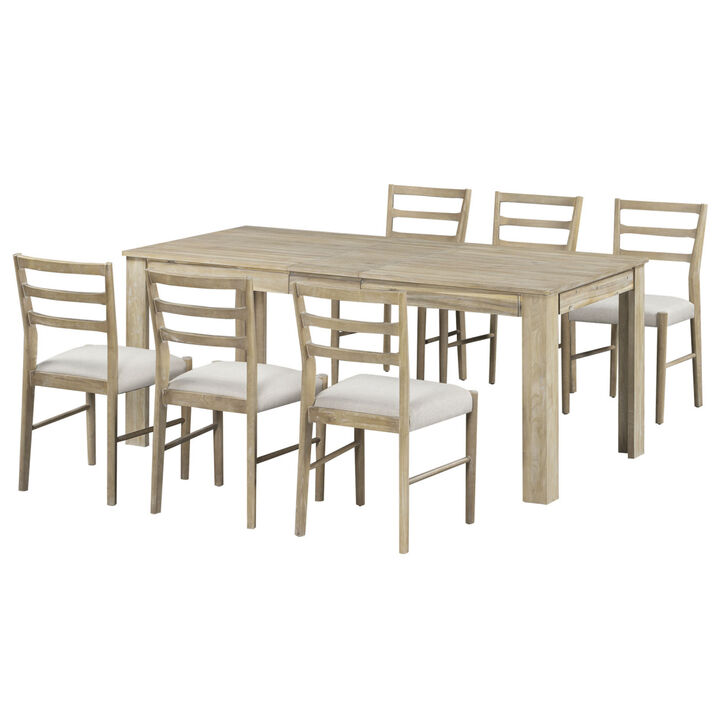 7-Piece Wooden Dining Table Set Mutifunctional Extendable Table With 12" Leaf And 2 Drawers