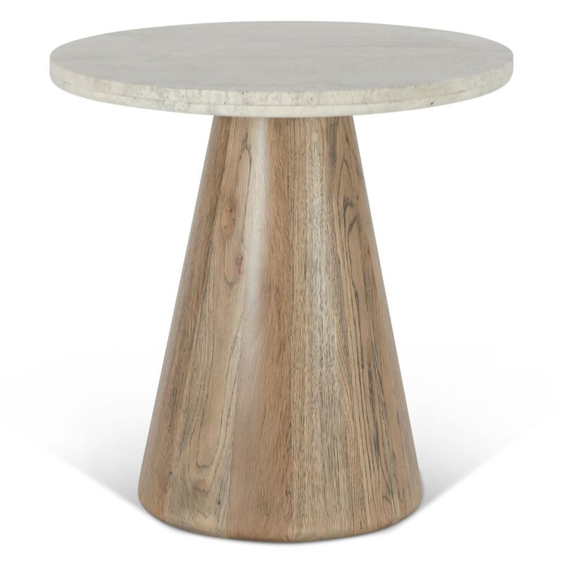 World Interiors Caldera Side Table in White Travertine and Light Oak