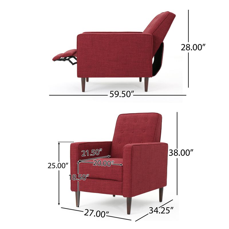 Dupe Manual Reclining Chair, Button Tufted Design, Red Polyester - Benzara