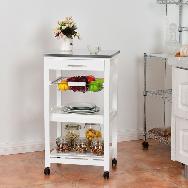 Hivvago White Kitchen Cart with Storage Drawer and Stainless Steel Top