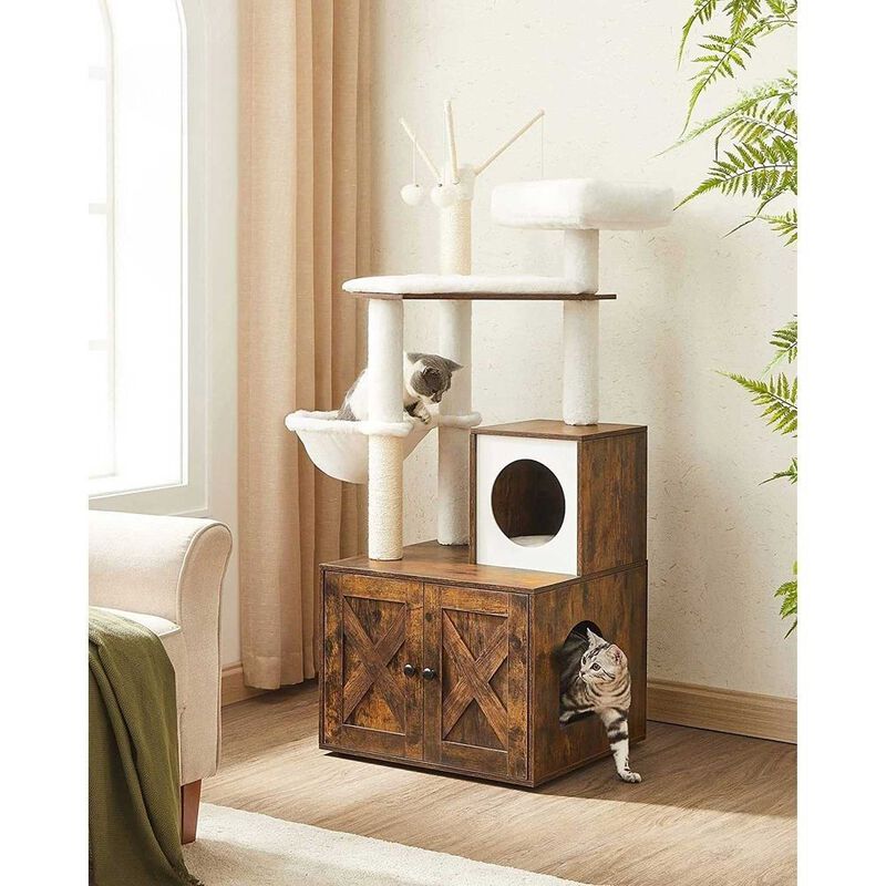 Cat Tree with Litter Box Enclosure and Multi-Level Perches