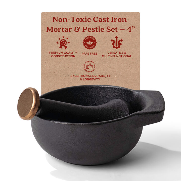 Alva Nori Enameled Cast Iron Mortar and Pestle Set 4" 2 C Easy to Clean Nonstick Manual Food Grinder, Non Toxic, Manual Crusher for Garlic, Nuts, Beans, Herbs & Spices, Small Kitchen Tools