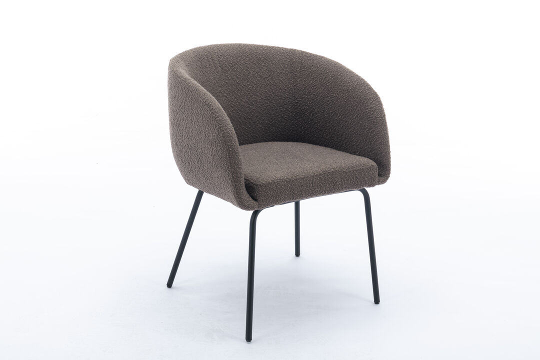 Set Of 1 Boucle Fabric Dining Chair With Black Metal Legs, Dark Brown