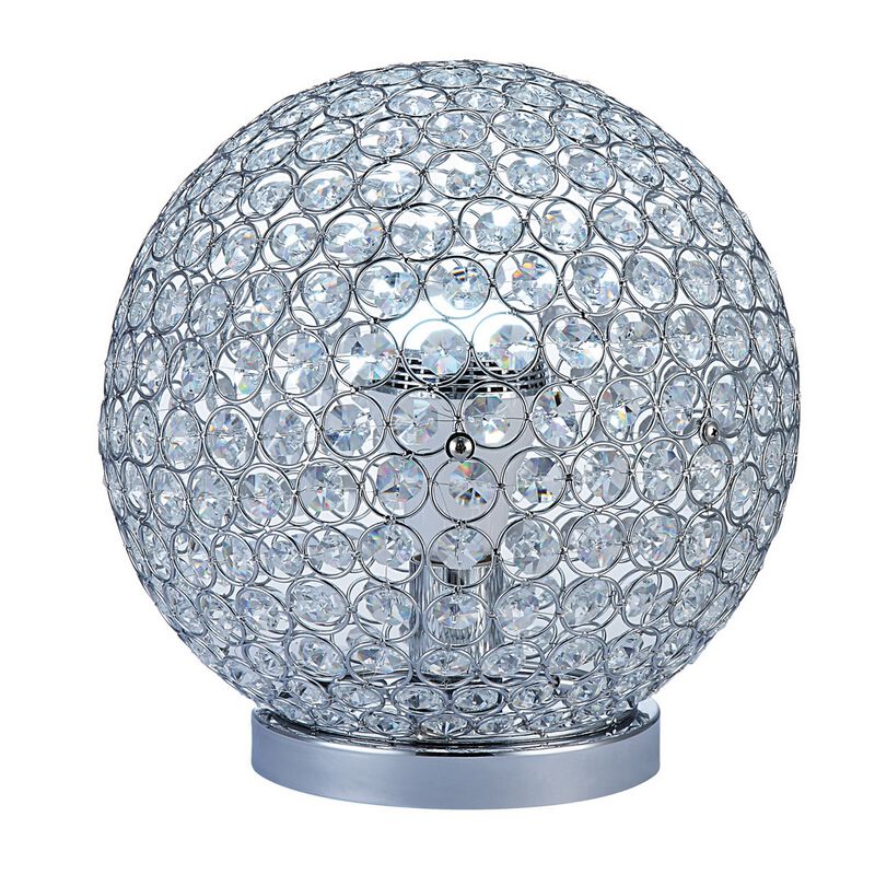 Hazel 13 Inch Table Lamp, Crystal, LED Globe Shade, Metal, Clear Finish - Benzara