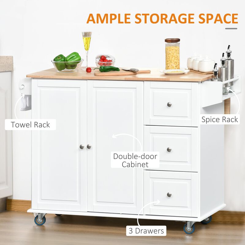 White Kitchen Assistant: Island Cart with Drop Leaf and Storage