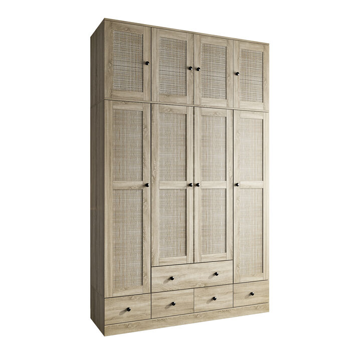 FUFU&GAGA Wood Grain Rattan Doors Design Armoires Wardrobe with 4-Drawers, 2-Hanging Rods  (59.1" W x 19" D x 94.5" H),Brown