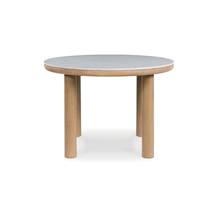 Awdyn Dining Table, 45 Inch Round White Marble Top, Brown Wood Legs - Benzara