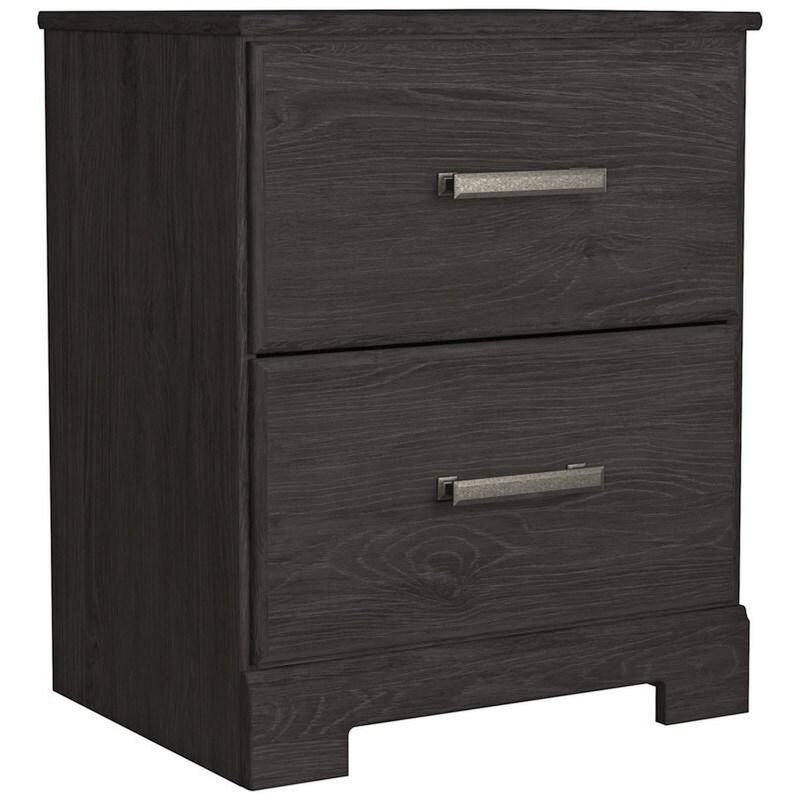 Wren 24 Inch Modern Rustic Wood Nightstand, 2 Drawers, Oak Grain, Black-Benzara