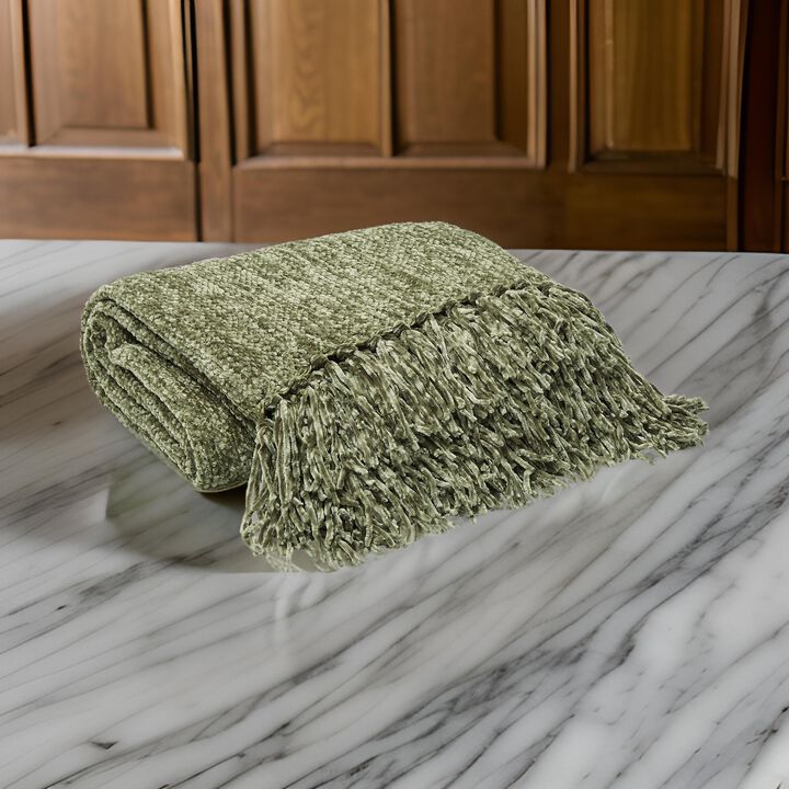 Emily Throw Blanket Set of 3, Textured Woven Knotted Fringe Green Polyester - Benzara