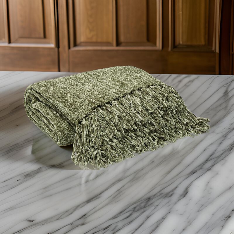 Emily Throw Blanket Set of 3, Textured Woven Knotted Fringe Green Polyester - Benzara