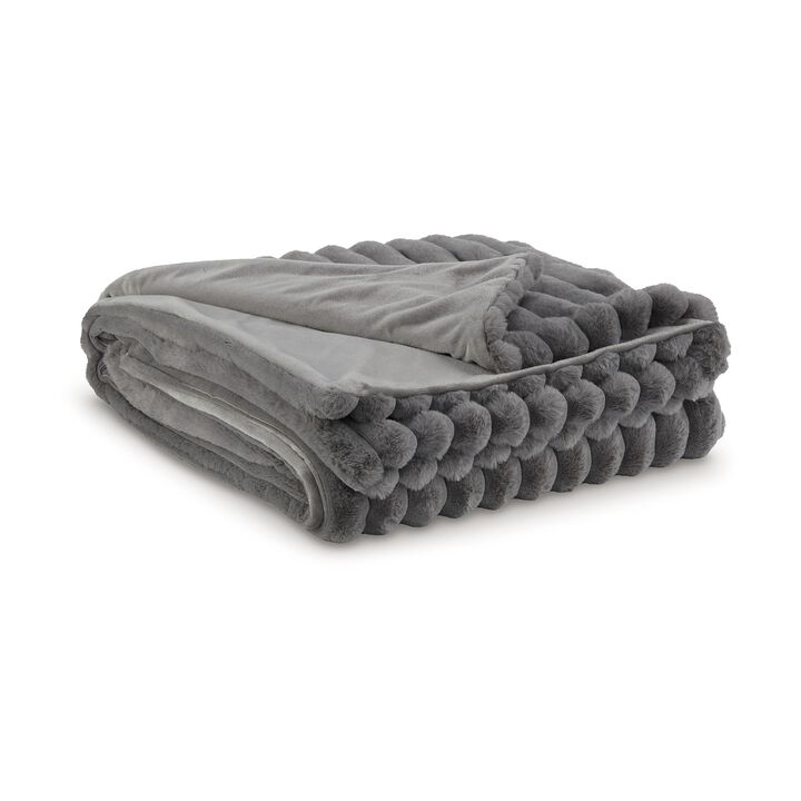 Visha Throw Blanket, Jacquard Faux Fur Stripes, Modern Gray Polyester - Benzara
