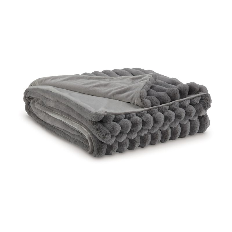 Visha Throw Blanket, Jacquard Faux Fur Stripes, Modern Gray Polyester - Benzara