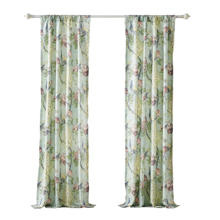 Eden 84 Inch WIndow Curtains, Butterflies and Songbirds, Green Microfiber - Benzara