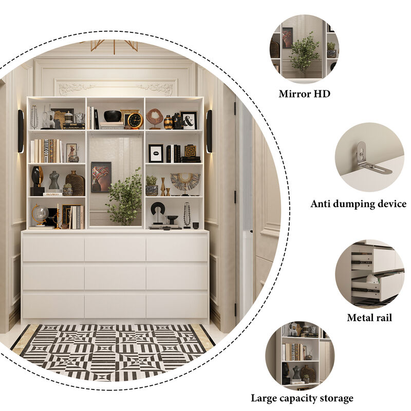 FUFU&GAGA White Bookcase with Adjustable Shelves and Drawers, (63" W x 15.7" D x 78.5" H),White
