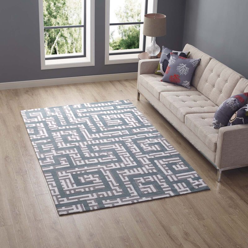 Nahia Geometric Maze 5x8 Area Rug - Ivory, Light Gray and Sky Blue